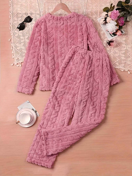 Solid Color Plus Size Women's Cozy Fleece Pajama Set - Soft Long Sleeve Round Neck Top & Pants, Casual Style, Perfect for Fall/Winter, Comfortable Sleepwear|Casual Style Pajamas|Soft Fleece Material