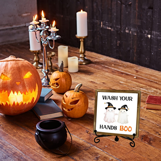 [Spooky Halloween Decor] 1pc Halloween Bathroom Door Decor - Spooky Wash Your Hands Boo Decoration with Cute Witch Hat Ghosts, Rustic Wooden Plaque with Metal Hooks for Indoor/Outdoor Hanging - Cheerful Holiday Design, Durabl SS69