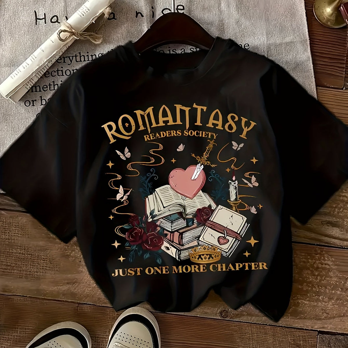 Women's Romanticasy Graphic Tee - Soft Crew Neck Short Sleeve T-Shirt with Book & Heart Design, Casual Everyday Top SS69 11.69 Black / XXL