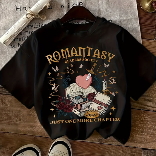 Women's Romanticasy Graphic Tee - Soft Crew Neck Short Sleeve T-Shirt with Book & Heart Design, Casual Everyday Top SS69 11.69 Black / XXL
