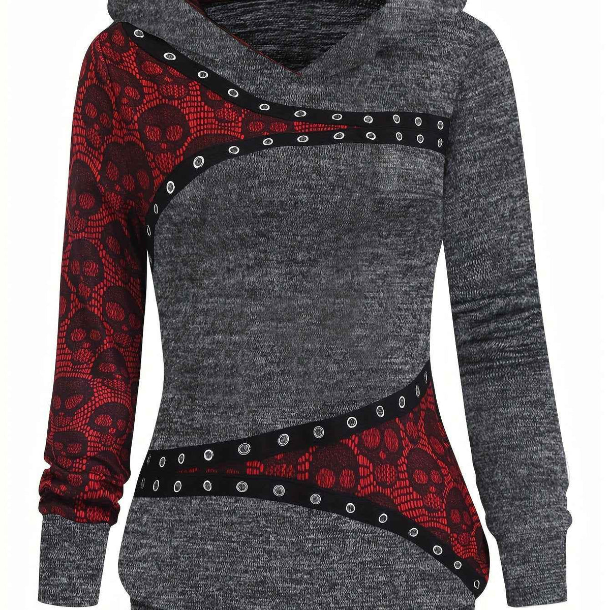 Women's Gothic Retro Skull & Lace-like Hooded Sweater - Black & White Color-Block Long Sleeve with Metal Grommet Eyelets, Slim-Fit Winter Warm Pullover, Machine Washable for Casual & Costume Outfits