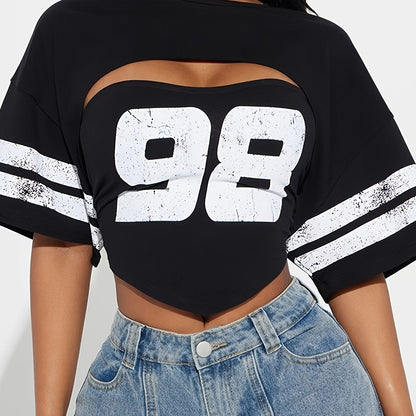 Women'S "98" Graphic Crop Top with Short Sleeves - Black, Casual Two-Piece Set with High-Waisted Jeans, Polyester Blend, Casual Attire|Graphic Crop Top|Knit Construction SS69