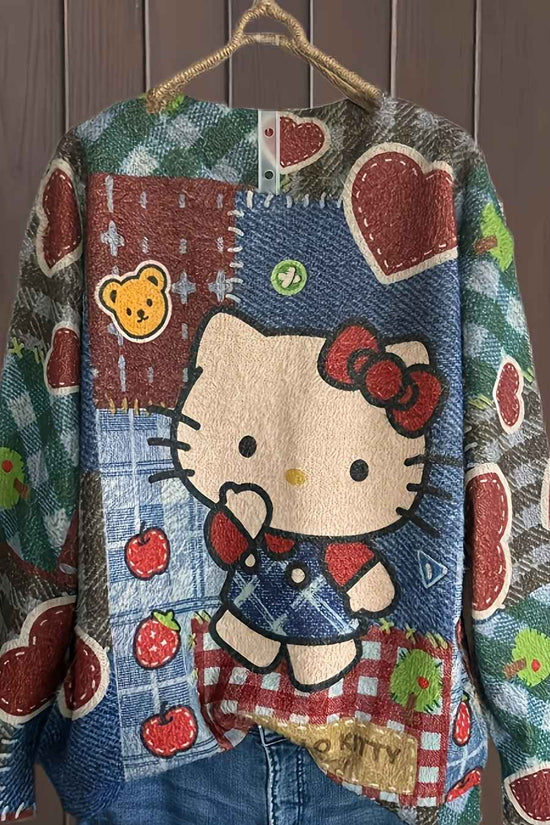 Plus Size, Women's Plus Size Elegant Oversized Plush Cat & Floral Sweater - Loose Fit Round Neck Long Sleeve Pullover, Cozy Winter Sweaters Suitable for Fall/Winter, Casual & Semi-Formal Wear