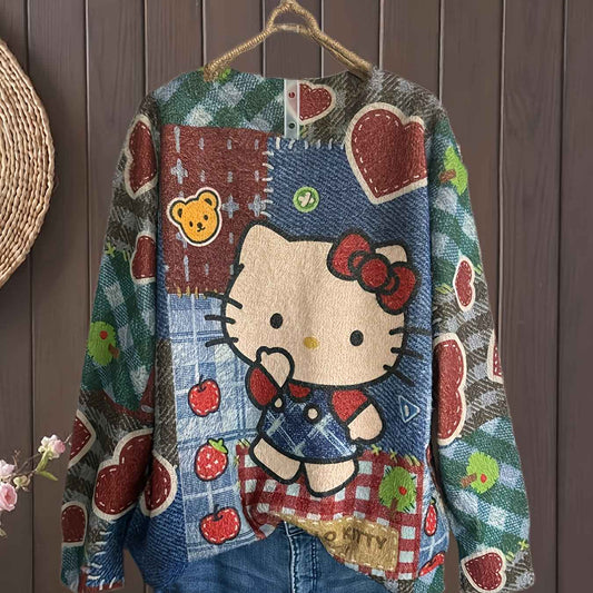 Plus Size, Women's Plus Size Elegant Oversized Plush Cat & Floral Sweater - Loose Fit Round Neck Long Sleeve Pullover, Cozy Winter Sweaters Suitable for Fall/Winter, Casual & Semi-Formal Wear