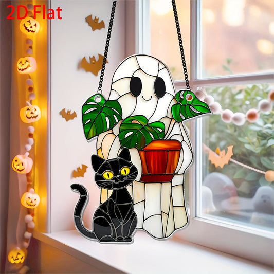 2D Flat, 2D Flat Cute Ghost Plant And Black Cat ACRYLIC Suncatcher, Ghost Monstra Window Hanging, Hangings Plant Lover Gift, Black Cat Lover, Mom Gift, Halloween Decor Acrylic Ornament Art Christmas Ornament, Car Interiors, 2 SS69