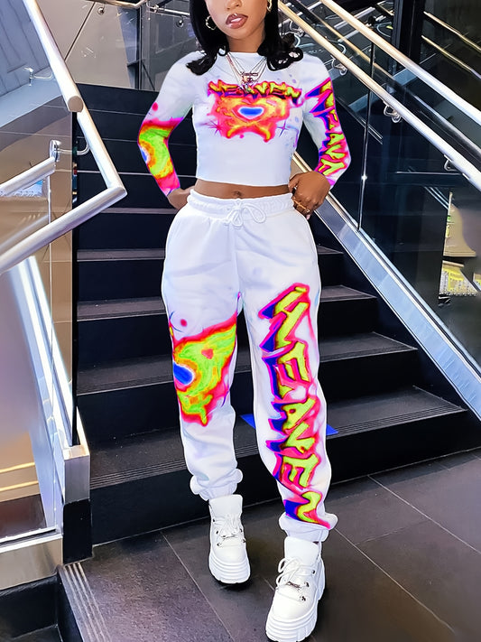 [Vibrant Y2K-Inspired Activewear Set] Vibrant Y2K-Inspired Heart & Letter Print Activewear Set - Long Sleeve Crop Top & Drawstring Joggers, Polyester/Spandex Blend, Perfect for Daily Fitness & Outdoor Fashion - SS69