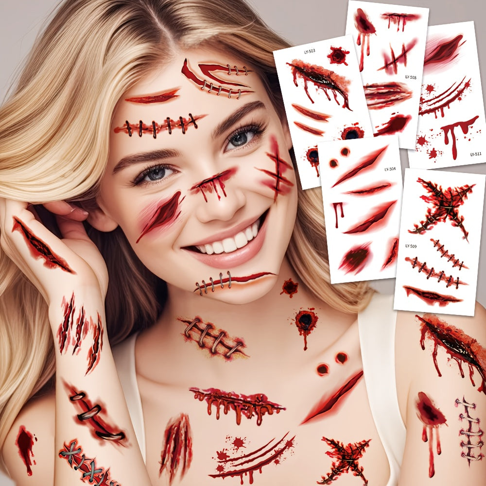 12 Sheets Halloween 3D Fake & Bloody Wound Temporary Tattoos for Adults - Realistic Horror Face & Body Paint with Lip, Jaw, Neck, Back, Leg Designs - Safe Non-Permanent Tattoo Makeup for Zombie Cosplay, Costume Parties & Pran SS69