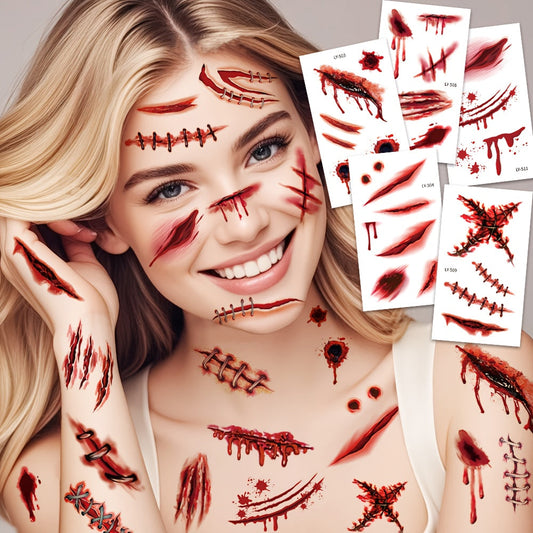 12 Sheets Halloween 3D Fake & Bloody Wound Temporary Tattoos for Adults - Realistic Horror Face & Body Paint with Lip, Jaw, Neck, Back, Leg Designs - Safe Non-Permanent Tattoo Makeup for Zombie Cosplay, Costume Parties & Pran SS69