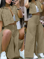 Women's Vibrant Yellow Casual Two-Piece Set: Short Sleeve Button-Up Shirt & High-Waist Wide-Leg Pants with Thigh-High Slit - Polyester, Machine Washable SS69