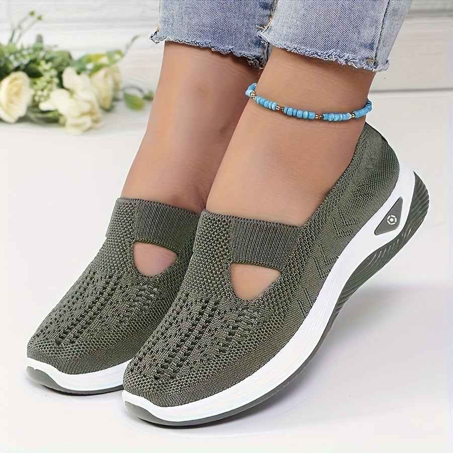 Women'S Breathable Knit Slip-On Sneakers with Non-Slip Rubber Sole, Green Perforated Design & Arch Support - All-Season Comfort Fit Walking Shoes, Cushioned Insole & Arch Cushioning, Mid-Top Style for Casual, Office, Travel -