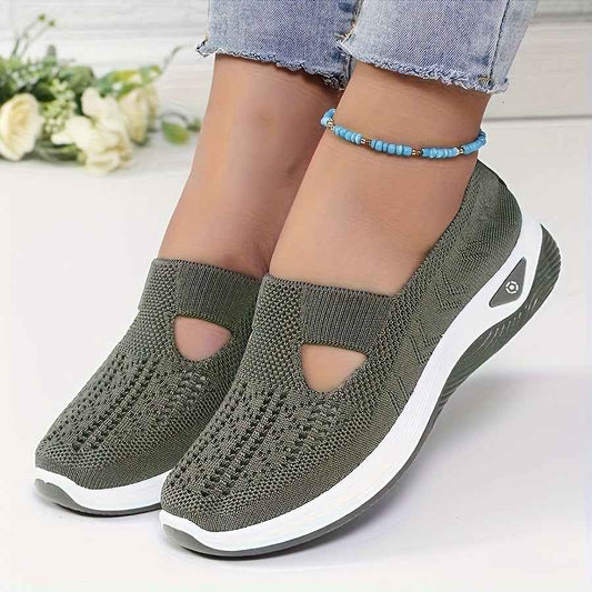 Women'S Breathable Knit Slip-On Sneakers with Non-Slip Rubber Sole, Green Perforated Design & Arch Support - All-Season Comfort Fit Walking Shoes, Cushioned Insole & Arch Cushioning, Mid-Top Style for Casual, Office, Travel -