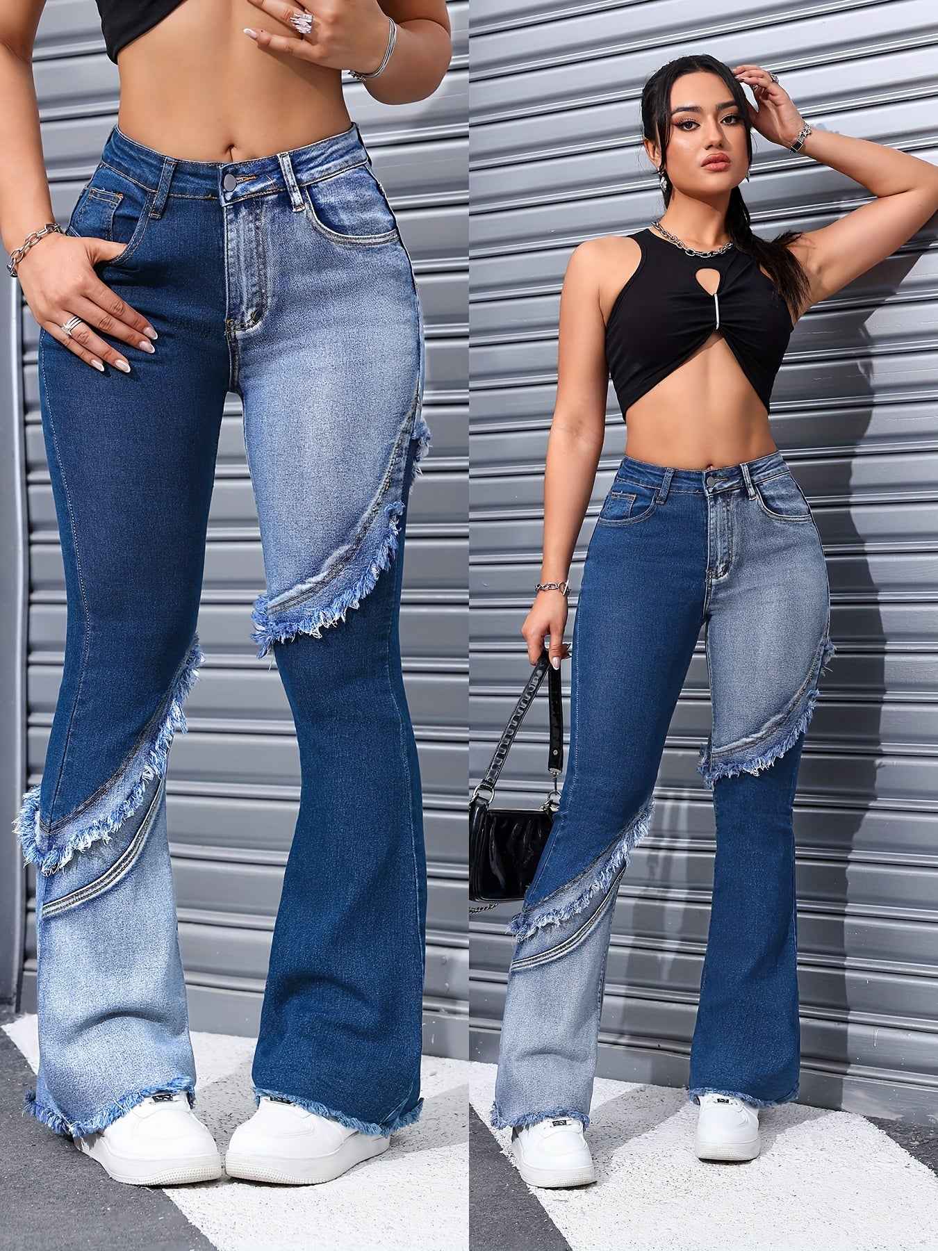 Women's High Waist Stretch Denim Jeans - Slim Fit Y2K Street Style with Two-Tone Patchwork & Raw Edge Flared Legs, Machine Washable Blue Washed Trousers, Trendy Outfit Pants, Bellbottom Silhouette, Detailed Stitching