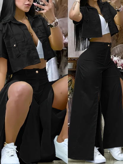 Women's Vibrant Yellow Casual Two-Piece Set: Short Sleeve Button-Up Shirt & High-Waist Wide-Leg Pants with Thigh-High Slit - Polyester, Machine Washable SS69