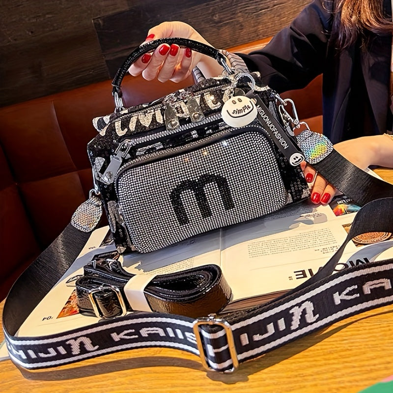Spacious Rhinestone-Embellished Glamorous Women's Backpack - Adjustable Strap, Multi-Pocket Design, Comfort Grip Handle Crossbody Satchel for Special Occasions SS69