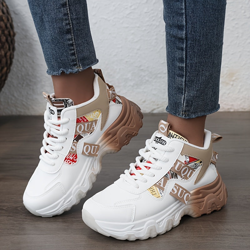 Women'S 2025 Spring/Summer High-Top Sneakers - Casual, Breathable, Thick Sole Running Shoes with Lace-Up Closure, Synthetic Upper, PVC Sole, and Stylish Red & Beige Design for Outdoor Activities, Casual Footwear | Trendy Casu SS69