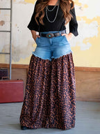 Women's High Waist Pocket Jeans - Retro Print Loose Casual Flared Trousers