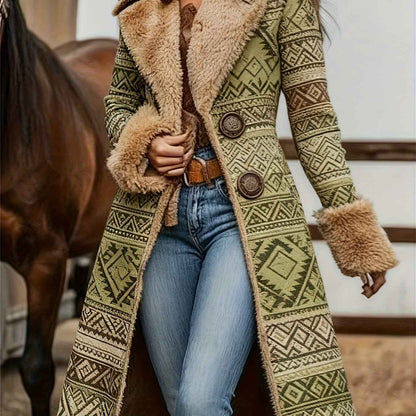 Women's Western Retro Style Winter Warm Coat - Western Print Jacket with Collar, Machine Washable Outerwear for Fall & Winter, Non-Stretch Blazer for Casual or Dressy Outfits