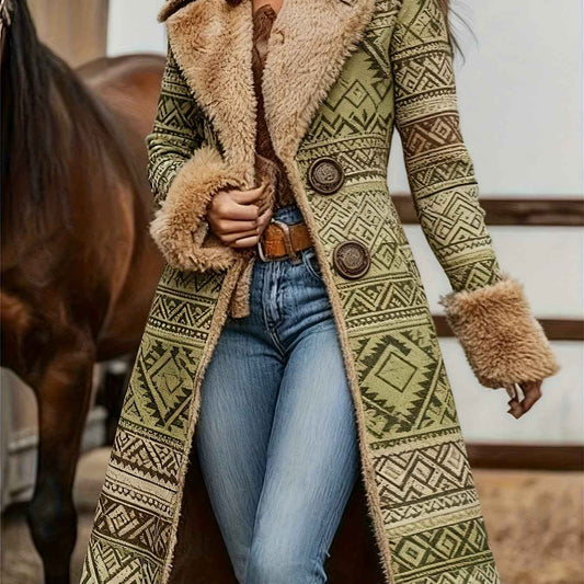 Women's Western Retro Style Winter Warm Coat - Western Print Jacket with Collar, Machine Washable Outerwear for Fall & Winter, Non-Stretch Blazer for Casual or Dressy Outfits