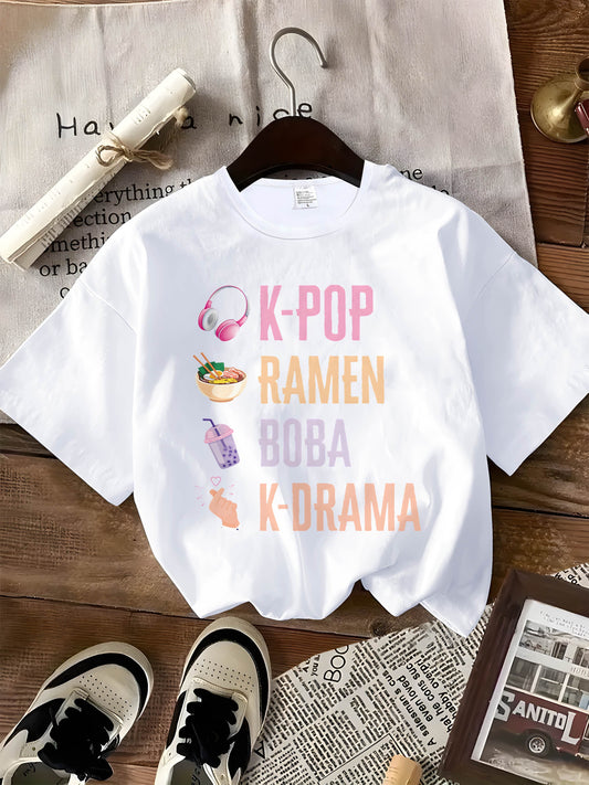 T-Shirt in 3 Colors - 180G [Popular Trendy Print] K-Pop Hand Symbol Kpop Ramen Bubble Tea Boba, Featuring a Printed Design on a Women'S Loose Round Neck Sweatshirt Hoodie, Long Sleeve T-Shirt Suitable for Casual Wear for Wome SS69