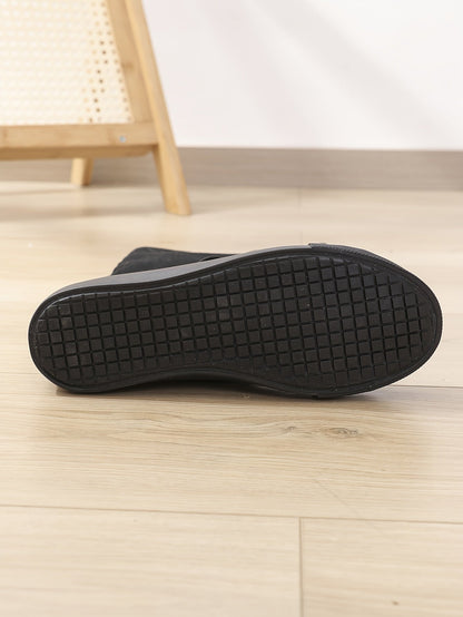 YUANBU Women'S Stylish Black Knee-High Boots with Colorful "YUANBU" Lettering - Casual Flat Sole, Side Zipper, Lightweight Sneakers for Halloween, Parties & Daily Wear, Sizes 5-12, Halloween Shoes SS69