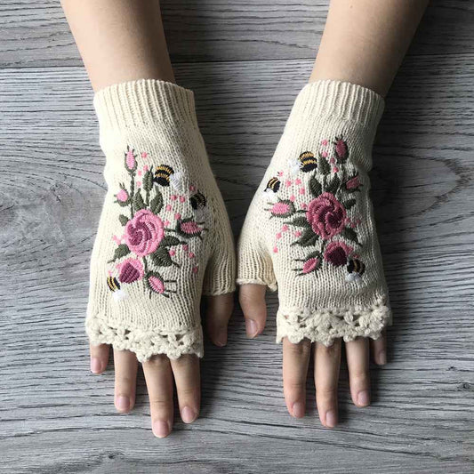 Short Fingerless Elastic Flower Bee Embroidered Knit Gloves Autumn Winter Coldproof Warm Gloves