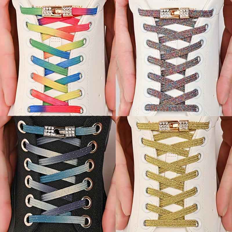 1pair Free-Tie Shoelaces With Rhinestone Buckles, Fashion Elastic Lazy Shoelaces For Sneakers Canvas Shoes Skate Shoes, Women & Men