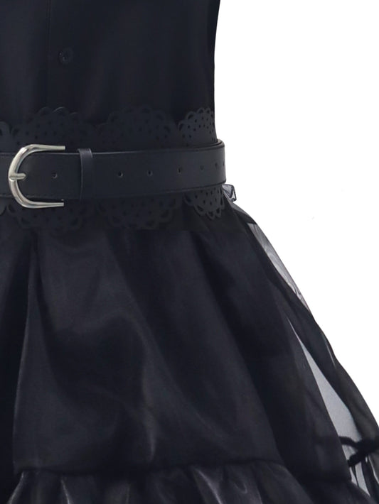 Vintage Gothic Cosplay Mesh Polo Collar Tiered Ruffle Dress - Polyester Solid Color Woven Funny Costume for Womens Party - No Elasticity, No Printing, No Sheer SS69