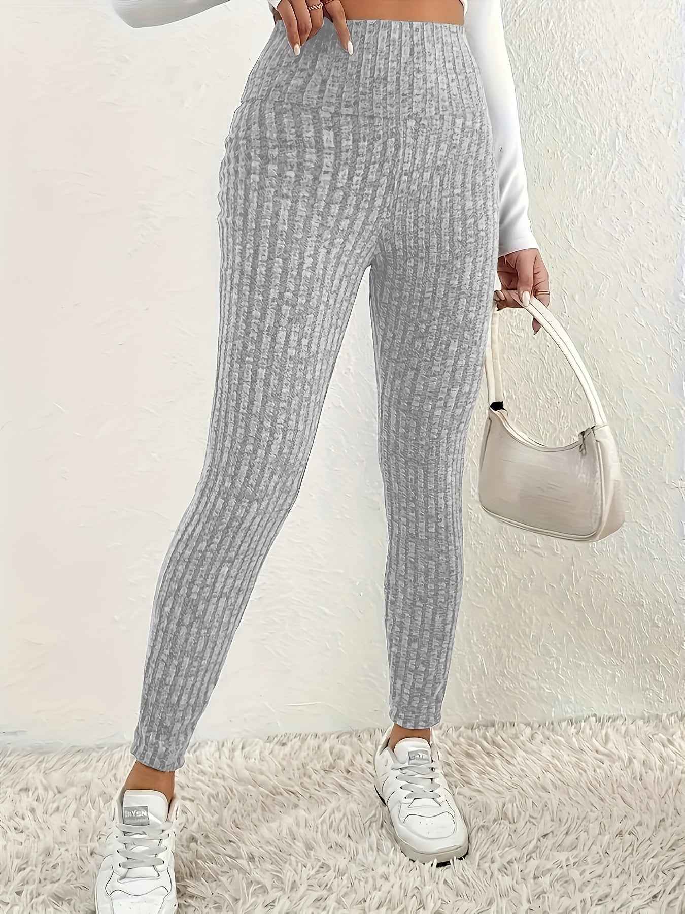 1pc Plus Size High Waist Solid Color Knit Leggings, Casual Stretchy Slimming Tights for Women, Polyester Knitted Fabric, Autumn/Winter Season