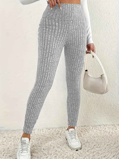 1pc Plus Size High Waist Solid Color Knit Leggings, Casual Stretchy Slimming Tights for Women, Polyester Knitted Fabric, Autumn/Winter Season