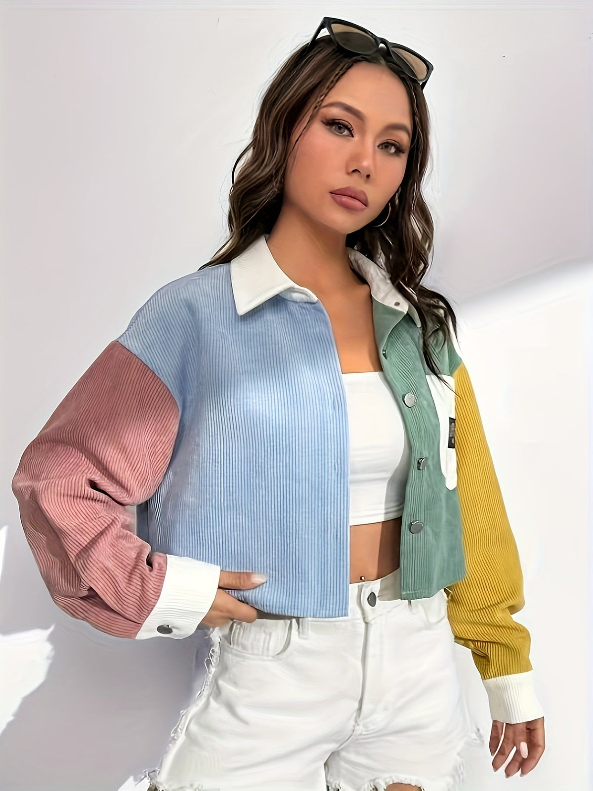 Off Shoulder Jacket - Color Block Letter Patch, Stylish for Casual Wear SS69
