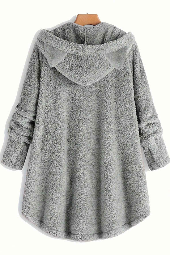 Plus Size, Women's Plus Size Cat Print Button Detail Hem Plush Casual Long Sleeve Hooded Sweatshirt