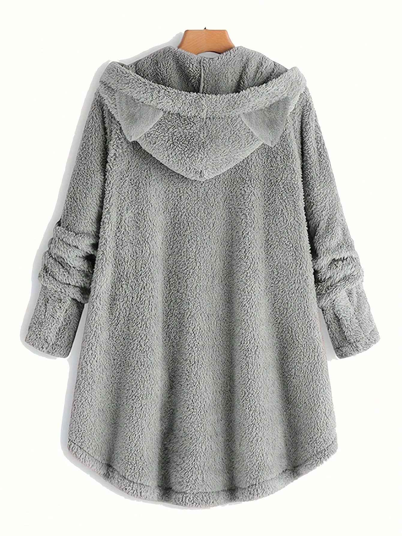 Plus Size, Women's Plus Size Cat Print Button Detail Hem Plush Casual Long Sleeve Hooded Sweatshirt