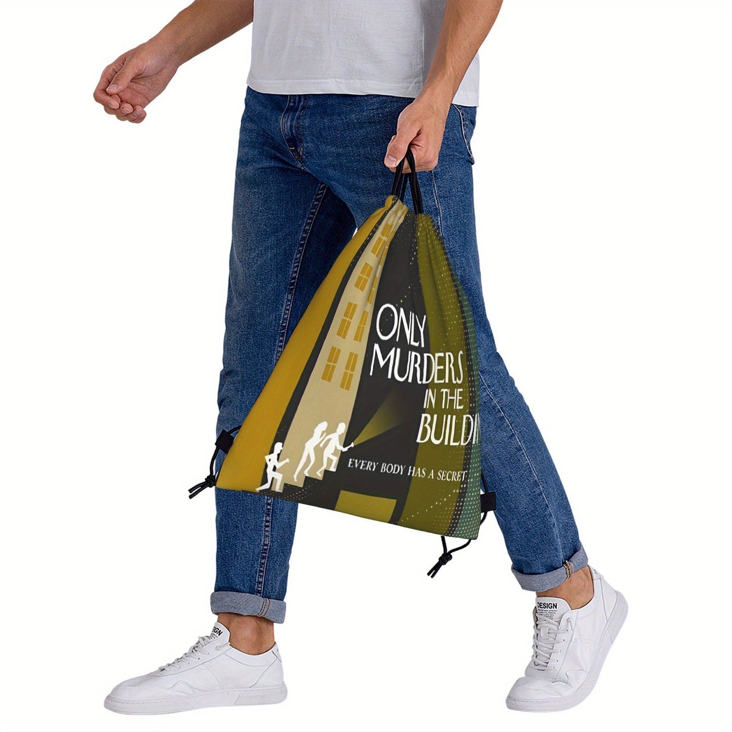 In The Building Drawstring Backpack - True Crime Inspired "Only Murders in the Building" Graphic, Gym, Travel, School, Everyday Bag - Drawstring Closure, Machine Washable - for Men & Women (Green/Black/), True Crime Enthusias SS69