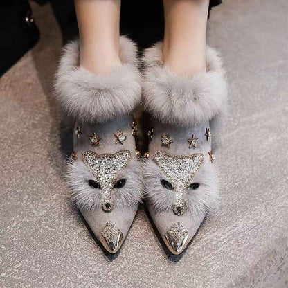 Fashio Pointed Toe faux fur Shoes for Women, Large Size, Fleece-Lined, Thick Heel, Thick Sole, Autumn Winter Warm Shoes