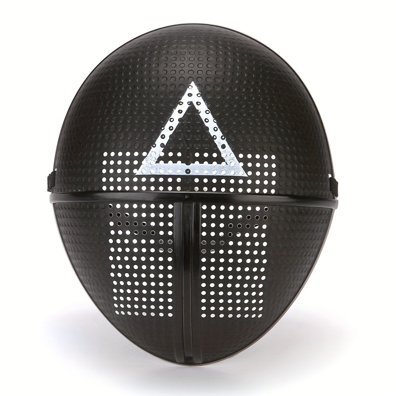 [Playful] Adjustable Black Full-Face Costume Mask for Adults - Funky Soldier Design with White Triangle & Circle Patterns, Breathable Plastic, Ideal for Halloween & Cosplay Parties, Roleplaying Prop | Playful Design | Secure SS69 8.69 Triangle