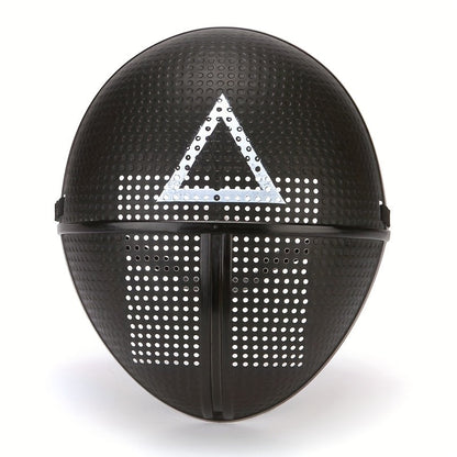 [Playful] Adjustable Black Full-Face Costume Mask for Adults - Funky Soldier Design with White Triangle & Circle Patterns, Breathable Plastic, Ideal for Halloween & Cosplay Parties, Roleplaying Prop | Playful Design | Secure SS69 8.69 Triangle