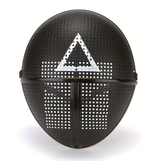 [Playful] Adjustable Black Full-Face Costume Mask for Adults - Funky Soldier Design with White Triangle & Circle Patterns, Breathable Plastic, Ideal for Halloween & Cosplay Parties, Roleplaying Prop | Playful Design | Secure SS69 8.69 Triangle