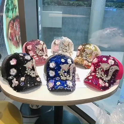 [Anime Baseball Cap] Anime Theme Women's Fashion Baseball Cap - Breathable Mesh, Adjustable Fit, Rhinestones and Floral Embellishments, Hot-stamping Craftsmanship, Sparkling Sequin Duckbill Hat, Carnival/Mardi Gras/Masquerade SS69