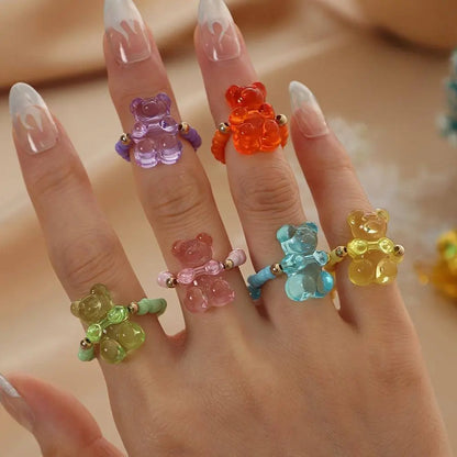 6pcs Cute Cartoon Bear Resin Beaded Rings Set - Adjustable, High-Quality Fashion Jewelry for Women, Perfect for Daily Wear & Gifting SS69
