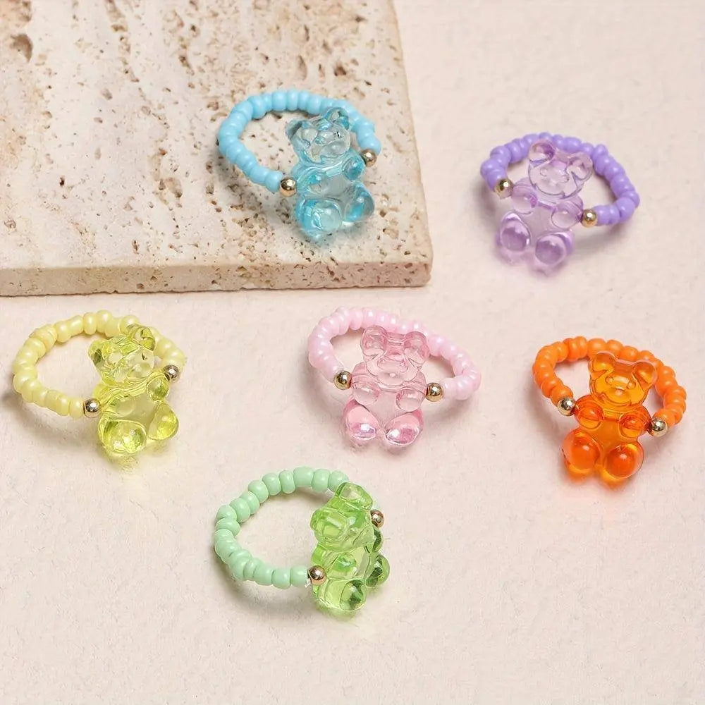 6pcs Cute Cartoon Bear Resin Beaded Rings Set - Adjustable, High-Quality Fashion Jewelry for Women, Perfect for Daily Wear & Gifting SS69