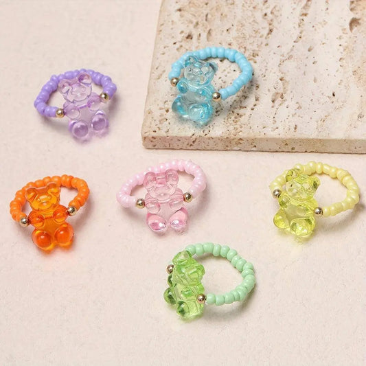6pcs Cute Cartoon Bear Resin Beaded Rings Set - Adjustable, High-Quality Fashion Jewelry for Women, Perfect for Daily Wear & Gifting SS69