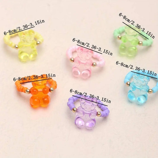 6pcs Cute Cartoon Bear Resin Beaded Rings Set - Adjustable, High-Quality Fashion Jewelry for Women, Perfect for Daily Wear & Gifting SS69