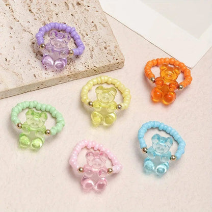 6pcs Cute Cartoon Bear Resin Beaded Rings Set - Adjustable, High-Quality Fashion Jewelry for Women, Perfect for Daily Wear & Gifting SS69