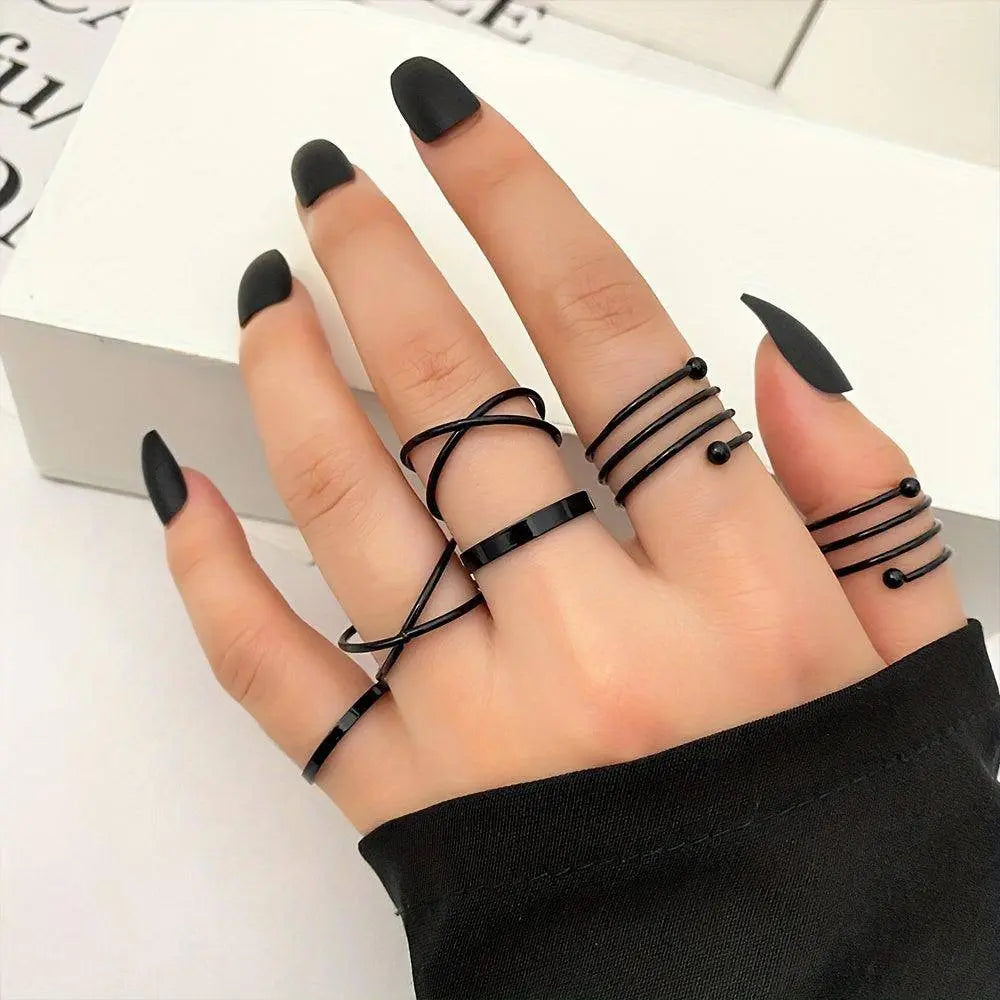 6pcs Personality Black Cross Ring Set Ladies Knuckle Rings Punk Y2K Accessories - SS69