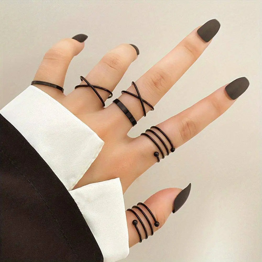 6pcs Personality Black Cross Ring Set Ladies Knuckle Rings Punk Y2K Accessories - SS69
