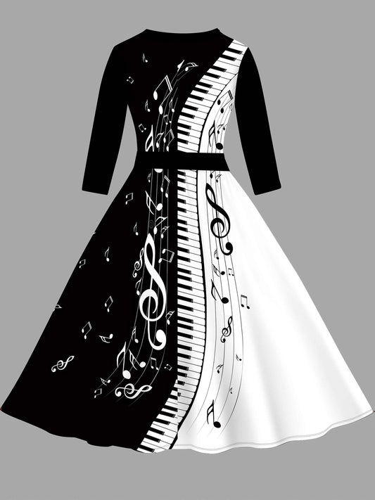 Women'S Stylish Piano Print Dress - Black & White with Musical Notes, Short Sleeve, Round Neck, A-Line Silhouette, Summer Casual Wear, Piano Gifts