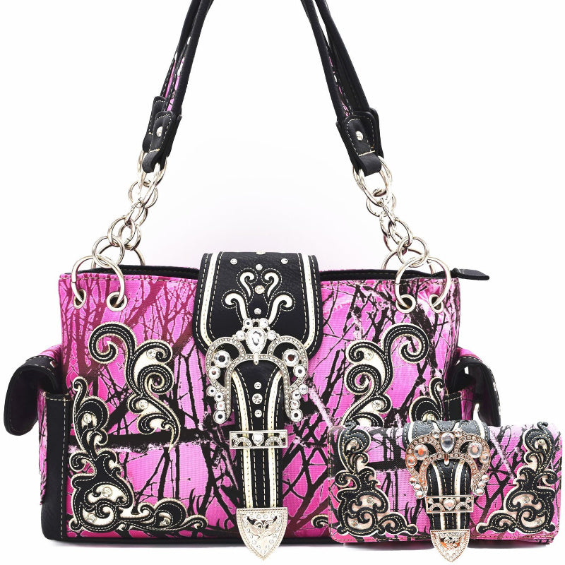 Camouflage Crown Buckle Western Style Purse Floral Shine Glow Country Handbag Women Shoulder Bag Crossbody Wallet Set SS69