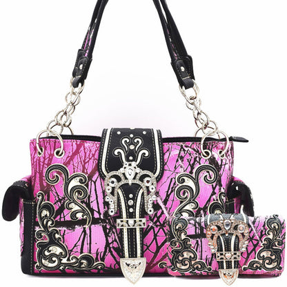 Camouflage Crown Buckle Western Style Purse Floral Shine Glow Country Handbag Women Shoulder Bag Crossbody Wallet Set SS69