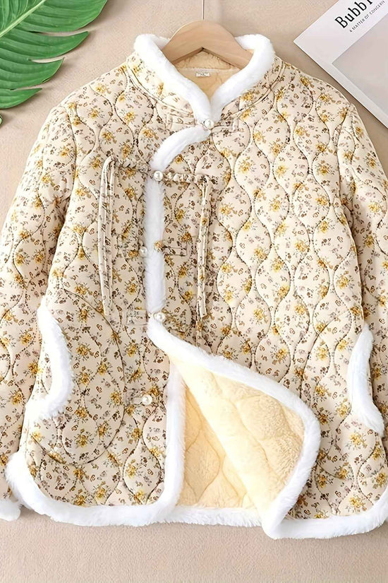 Plus Size, Women's Chinese Style Winter Coat with Cheona Collar (Standing Pronunciation) - Thick Padded Warm Jacket, Retro Button Front, Zipper Back Closure, Machine Washable Outerwear