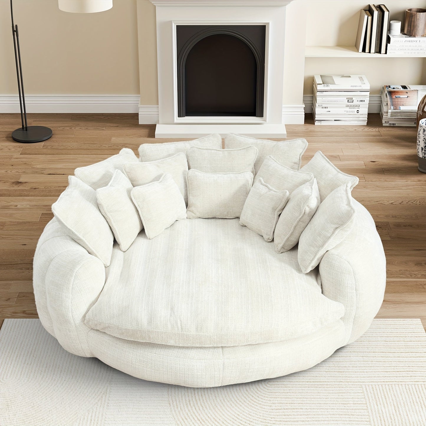 81.1" W Oversized Round Chaise Lounge, Fluffy Lazy Bean Bag Sofa With 14 Pillows, Comfy Chenille Upholstered Barrel Sleeper Bed, Modern Deep Seat Cloud Couch For Living Room Apartment SS69 783.69 White
